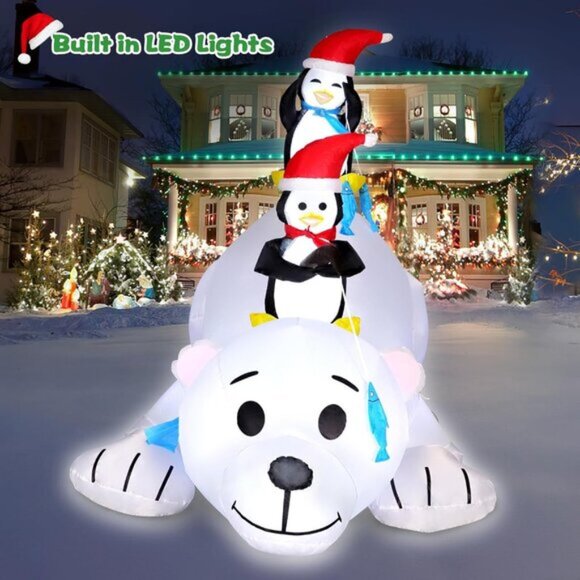 ⚡6FT Christmas Inflatables Cute Polar Bear with Penguins Outdoor Decorations - Picture 5 of 6